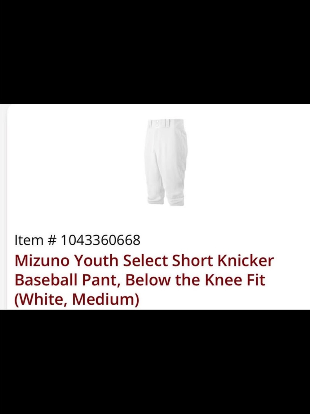 Mizuno White Youth Short Knicker Baseball Pants